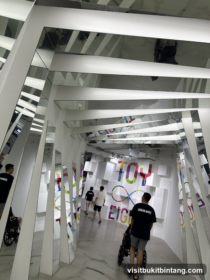 Modern Interior with Mirrored Walls and Colorful Signage
