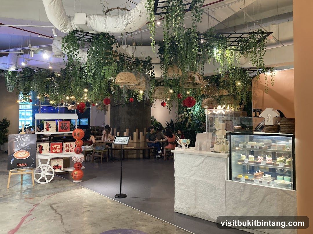 Cafe Interior with Greenery and Desserts