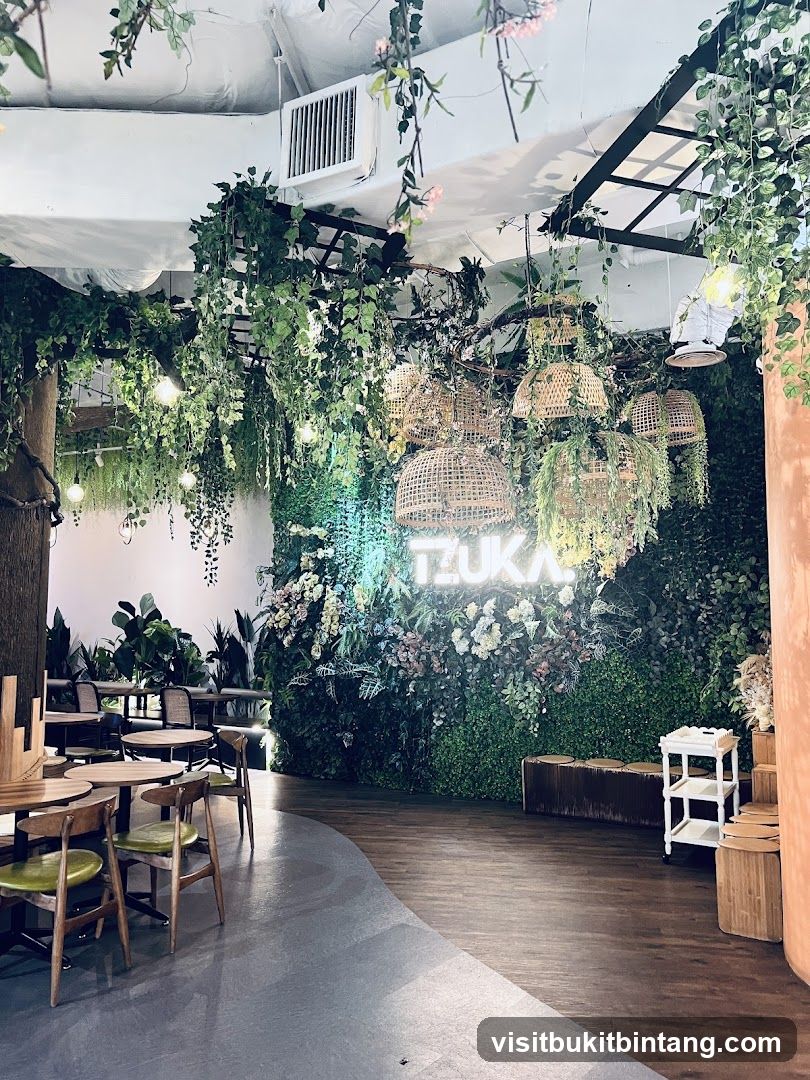Restaurant Interior with Greenery and Neon Sign