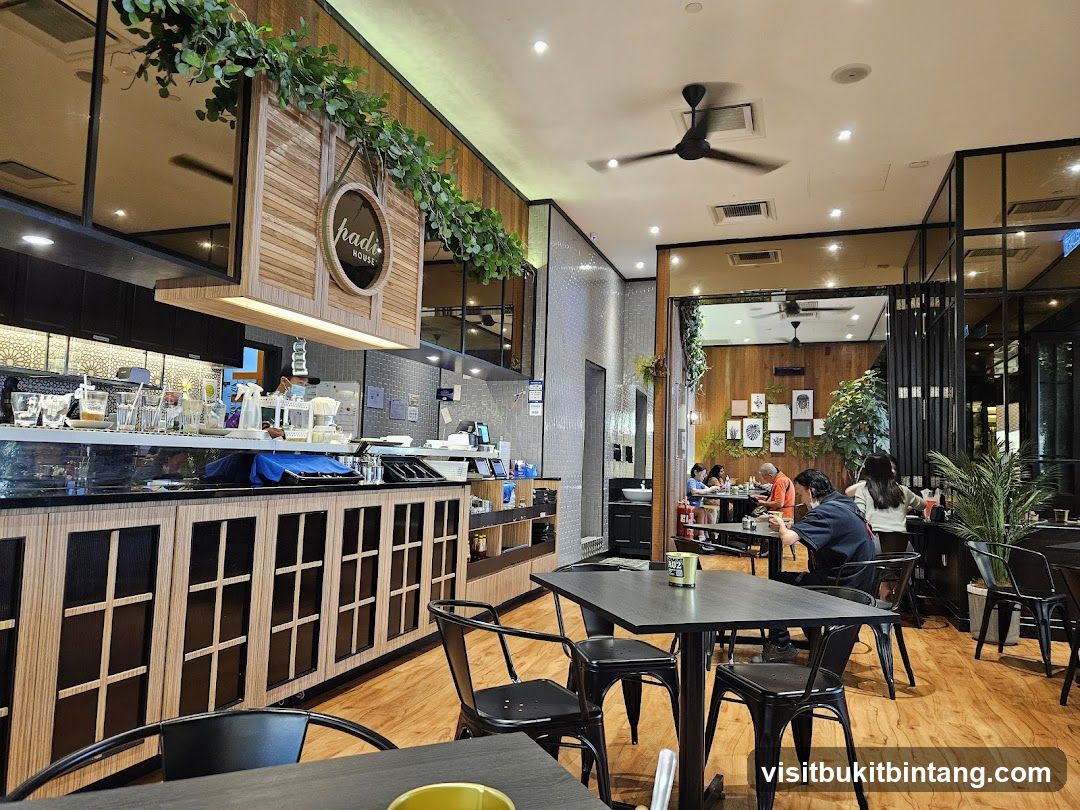 Interior of a cafe with wooden accents and seating