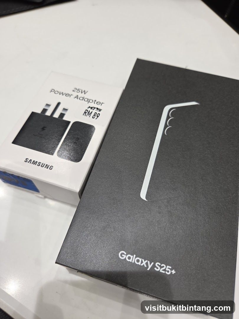 Samsung Power Adapter and Galaxy S25+ Box
