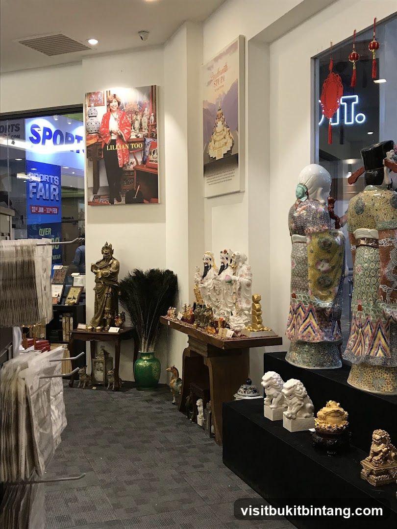 Interior of a shop with statues and artwork