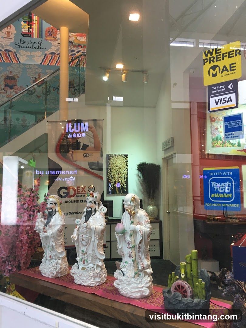 Storefront Display with Statues and Payment Logos
