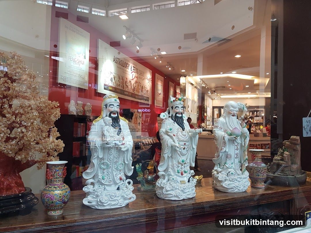 Store Window Display with Statues and Feng Shui Posters