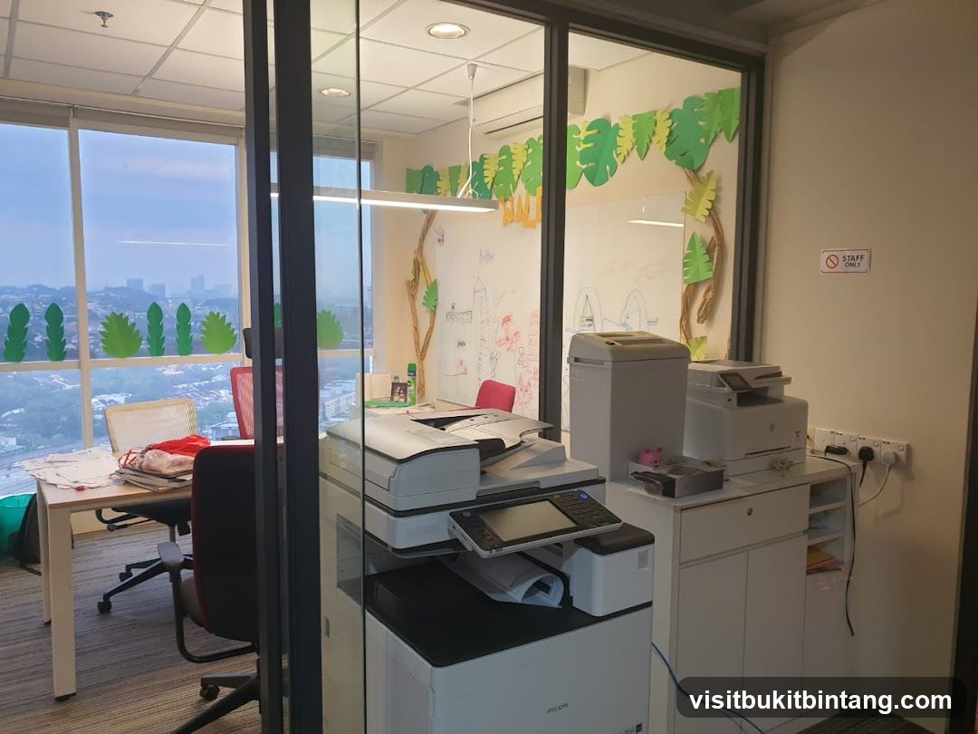 Office interior with printers and whiteboard