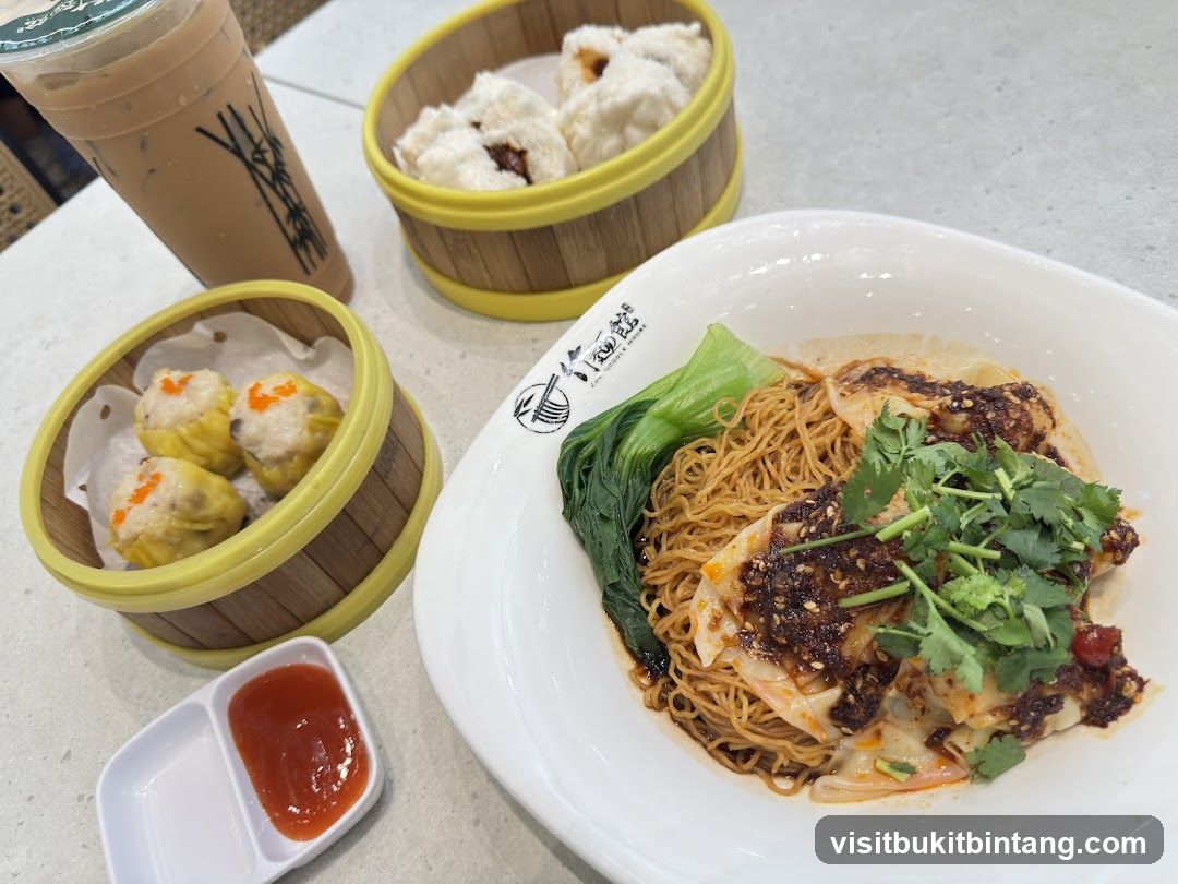 Noodle Dish with Dim Sum and Drink
