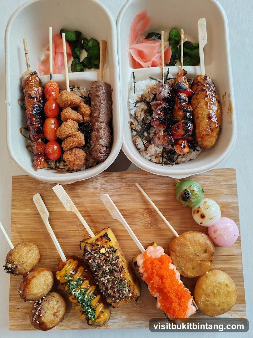 Assortment of Skewers and Rice Bowls