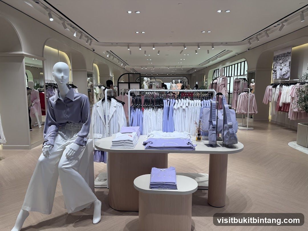Clothing store interior with mannequins and apparel
