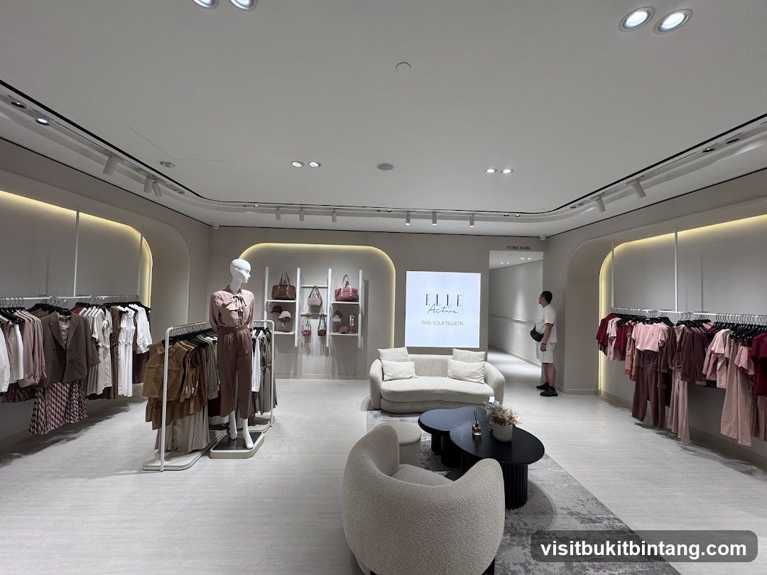 Clothing store interior with mannequins and apparel displays