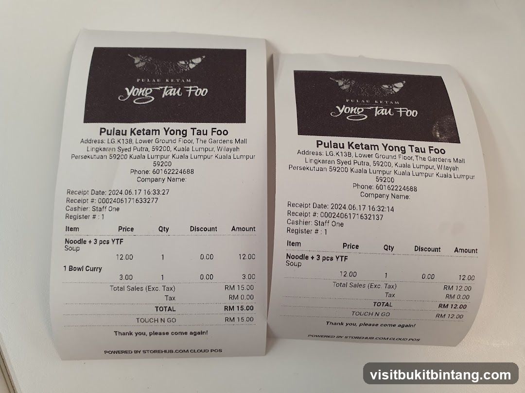 Pulau Ketam Yong Tau Foo Receipt