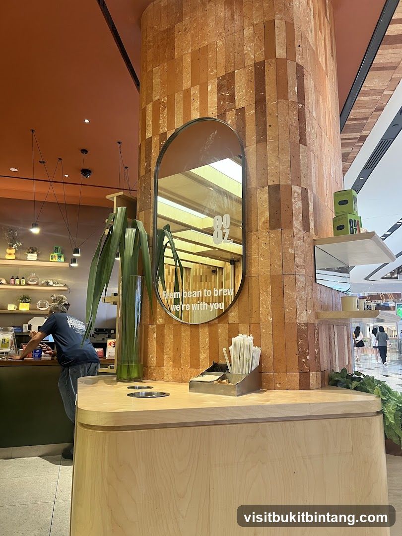 Coffee shop interior with a mirror and plants