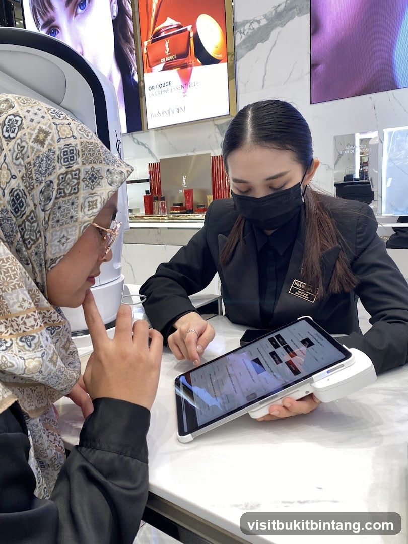 Sales associate assisting customer with a tablet