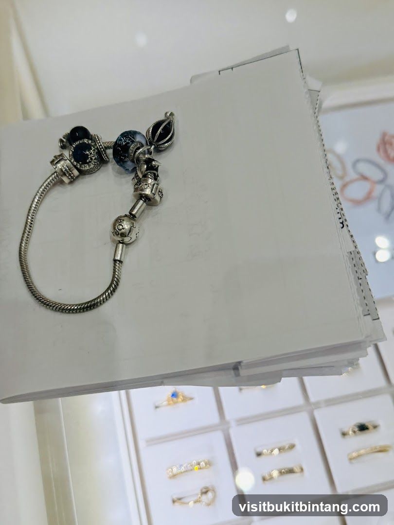 Bracelet with charms and display of rings