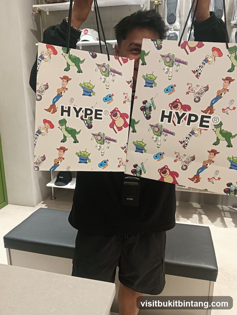 Person holding shopping bags with Toy Story characters