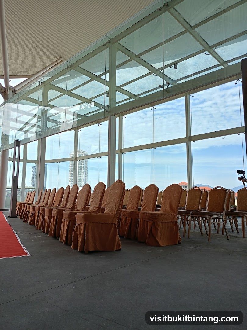 Chairs arranged in rows with a view of the city