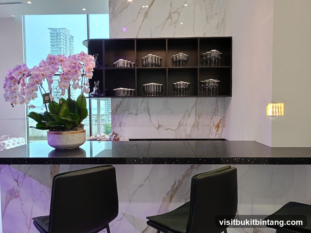 Bar Counter with Orchid Plant and Glassware