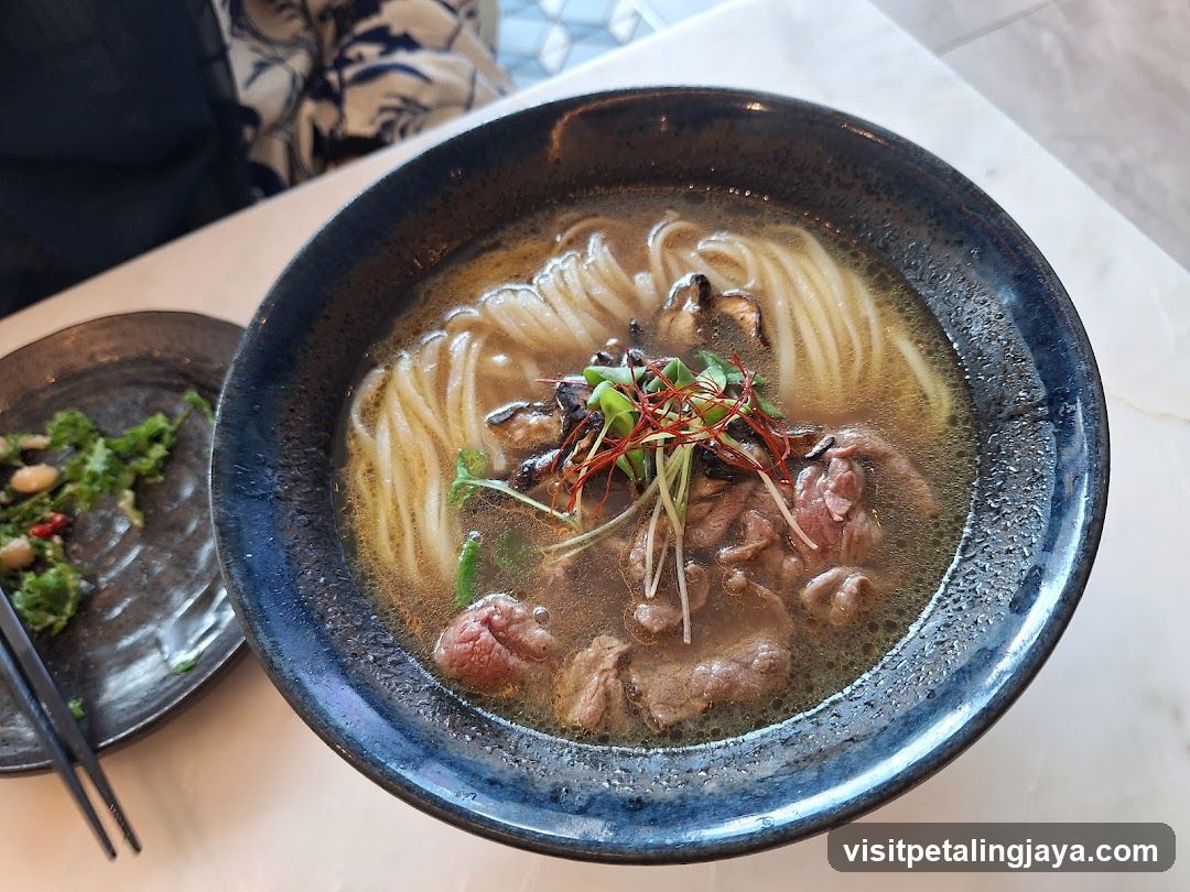 Bowl of Noodle Soup with Meat and Greens