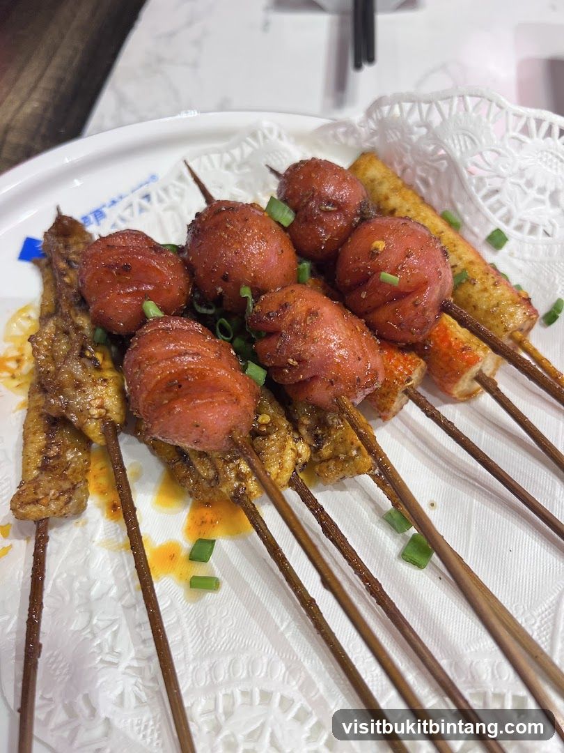 Skewers of grilled meats and vegetables