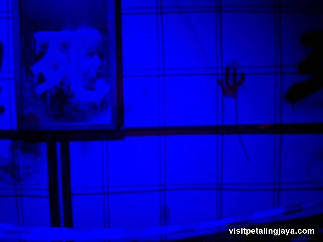 Blue-lit wall with graffiti and handprint