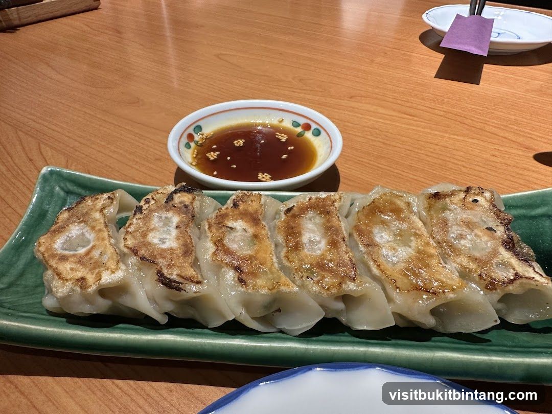 Pan-fried dumplings with dipping sauce