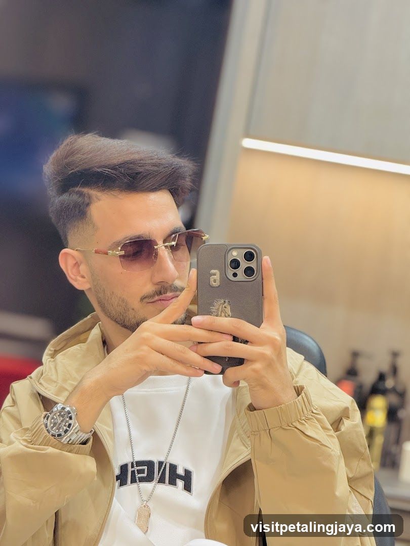 Man Taking Mirror Selfie in Barber Shop