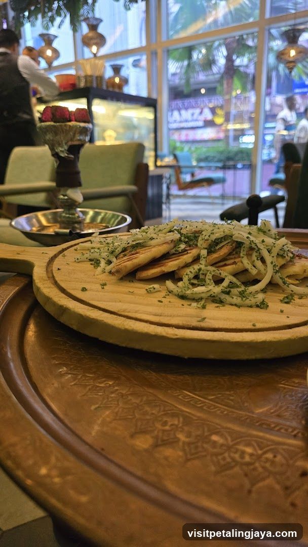 Food on a wooden board in a restaurant