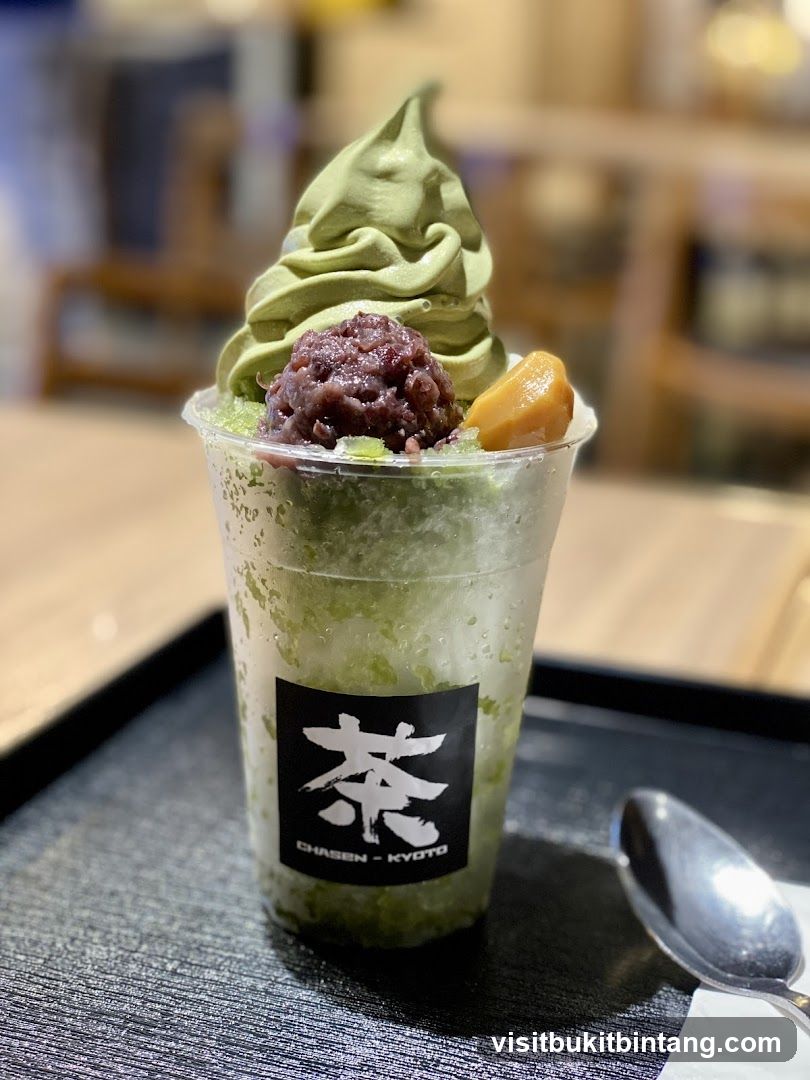 Matcha dessert with red bean paste and mochi