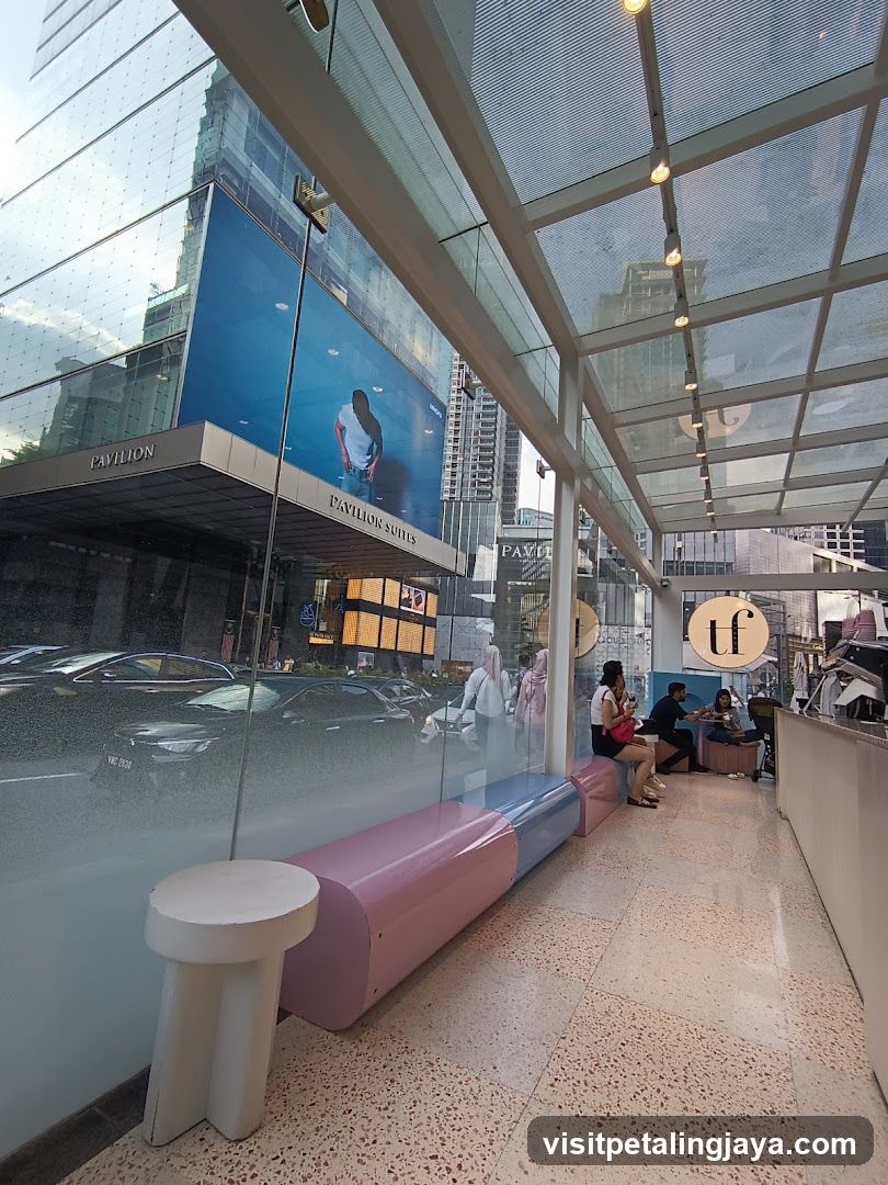Urban Shopping Area with Pavillion Suites Signage