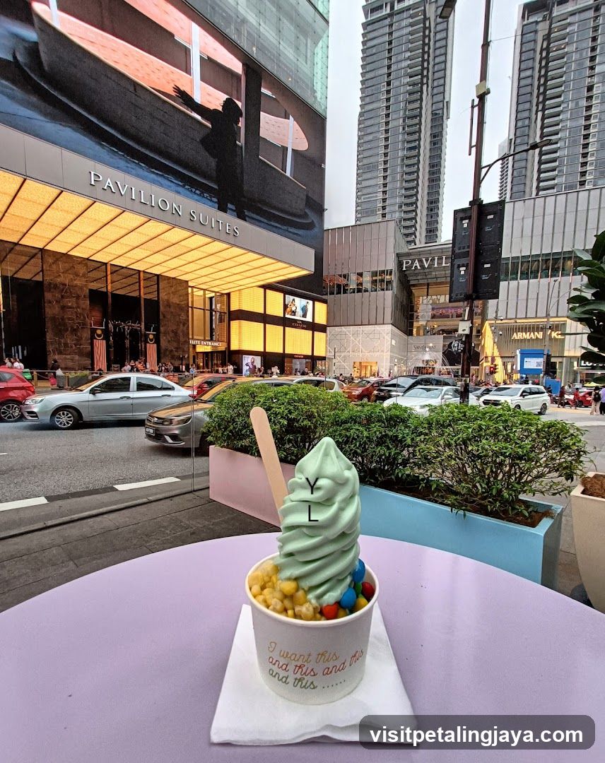 Green Ice Cream with Corn and Candies in Urban Setting