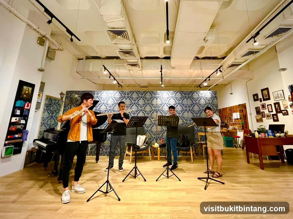 Four people playing flutes in a room