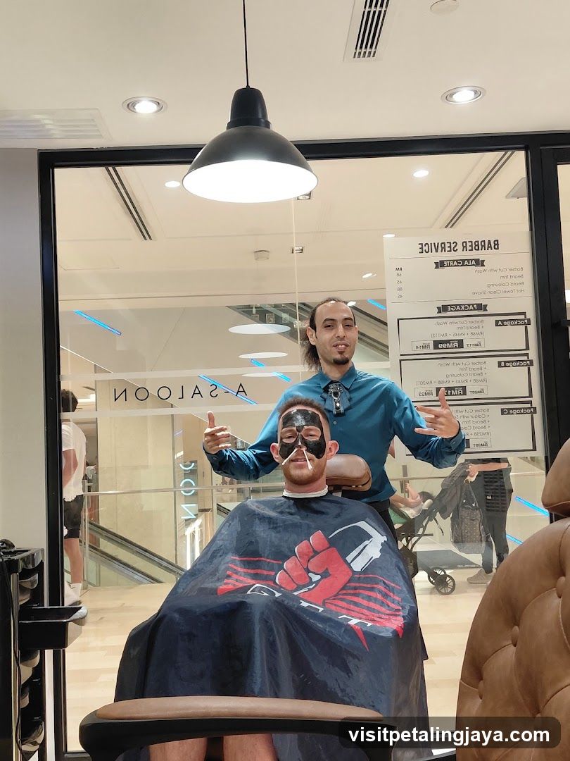 Barber Salon Interior with Customer Receiving Facial Treatment
