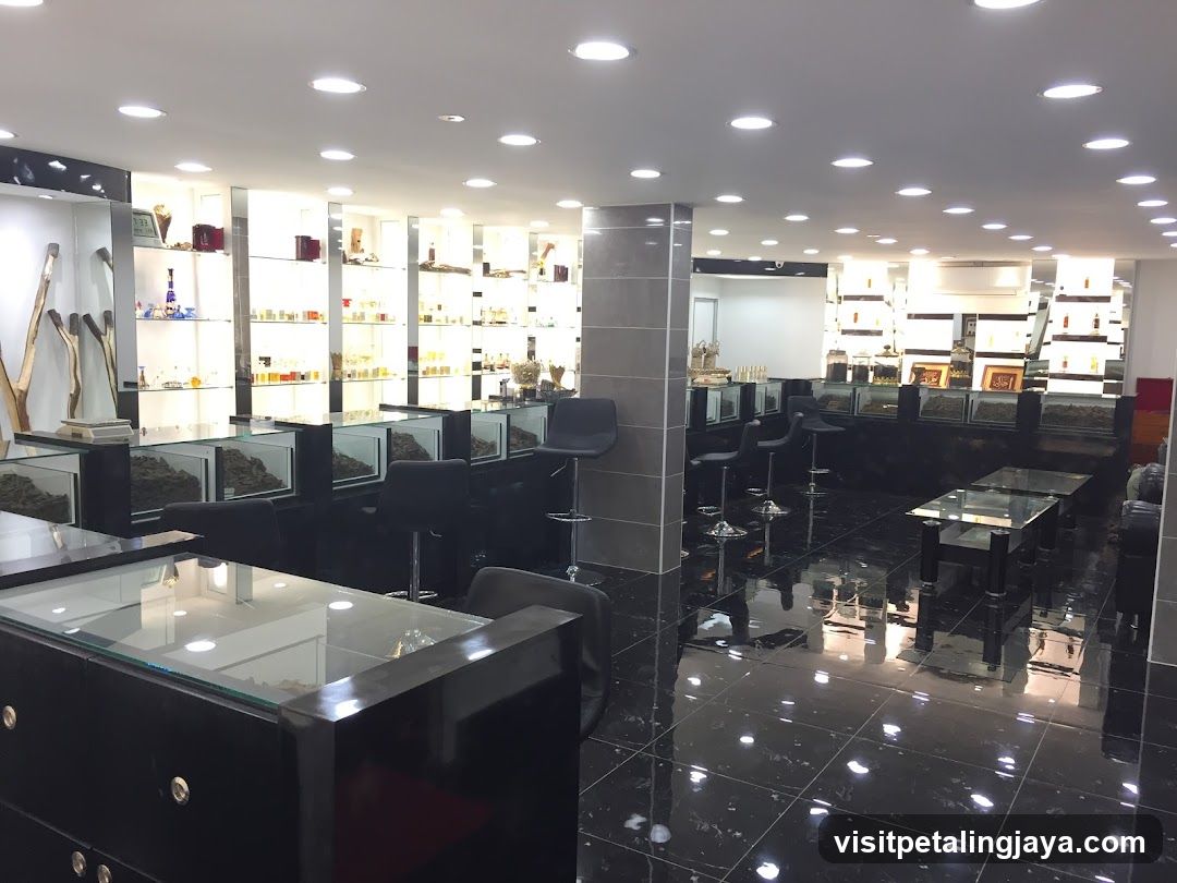 Interior of a modern shop with glass displays and bar seating