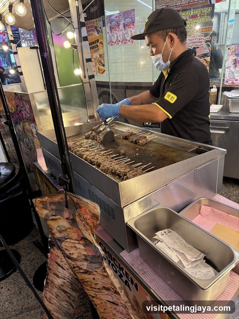 Street Food Stall Grilling Skewers