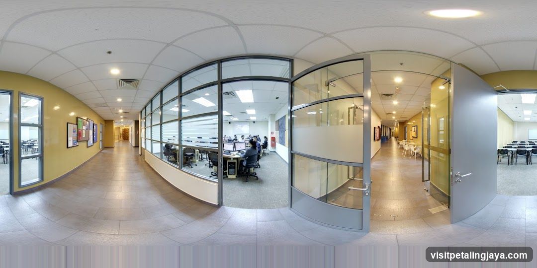 Office Interior with Glass Walls and Hallway