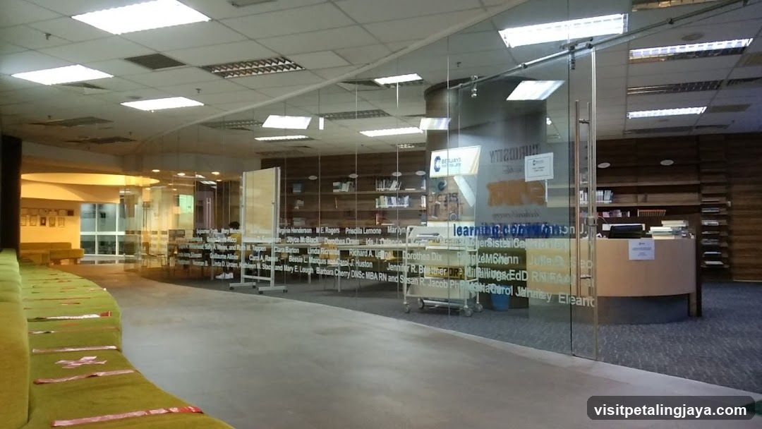 Library Interior with Glass Partition and Reception Desk
