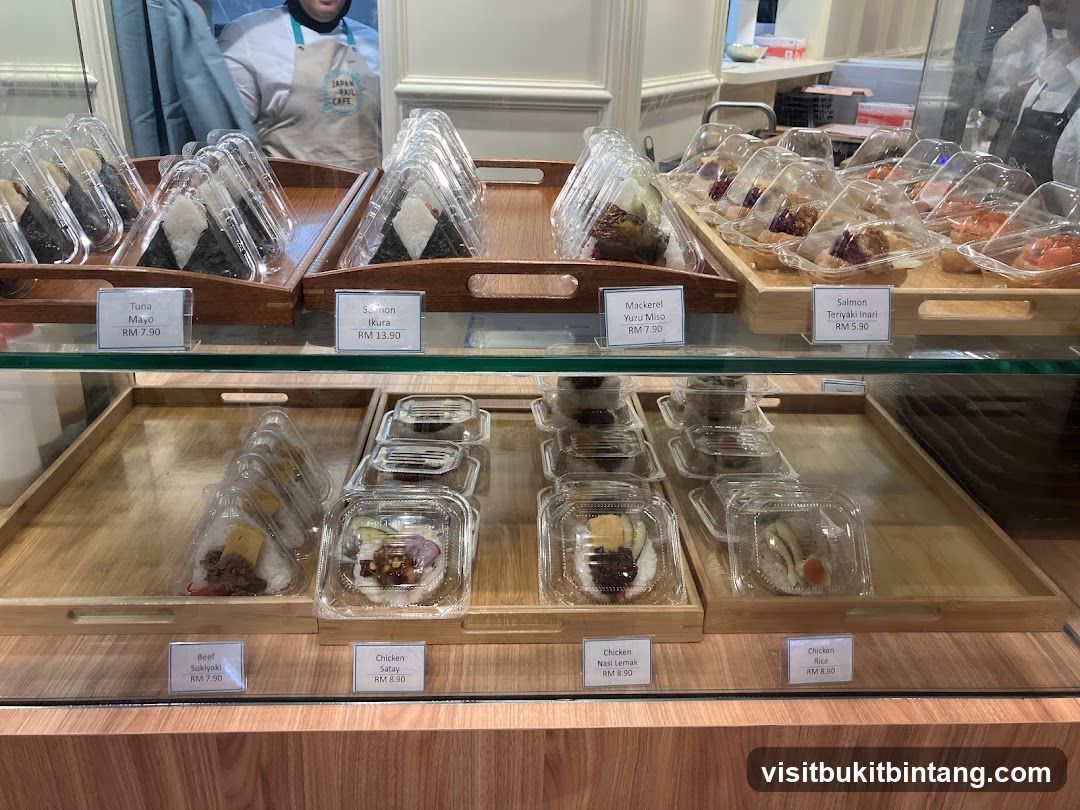 Pre-packaged Japanese food items in a display case