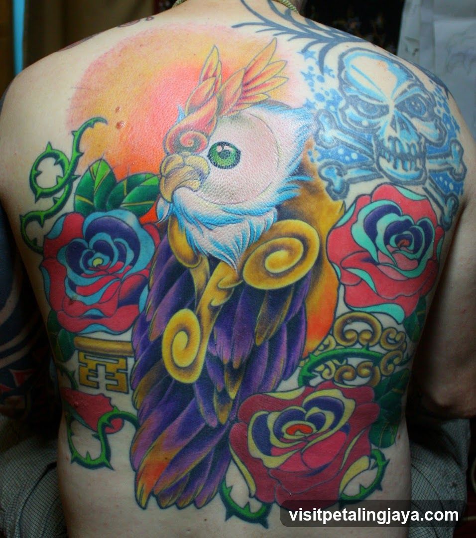 Colorful Back Tattoo with Phoenix and Skull