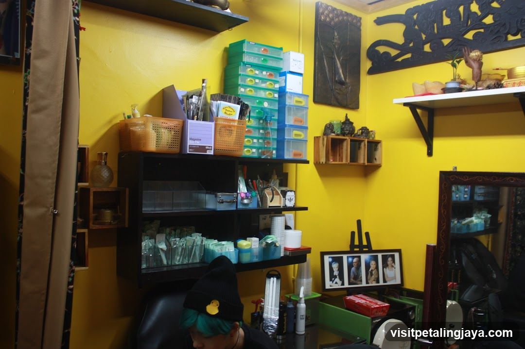 Interior of a shop with yellow walls and shelves