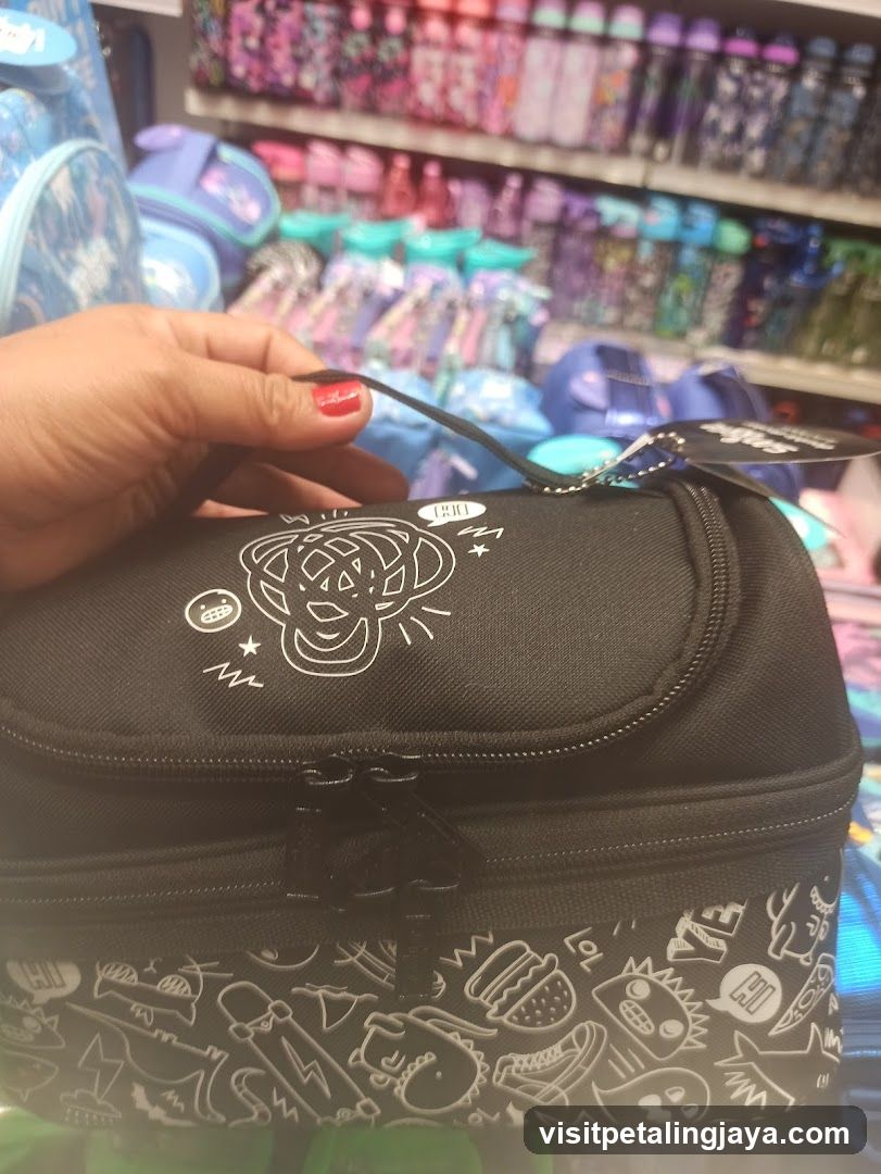 Black Lunchbox with White Line Art Design
