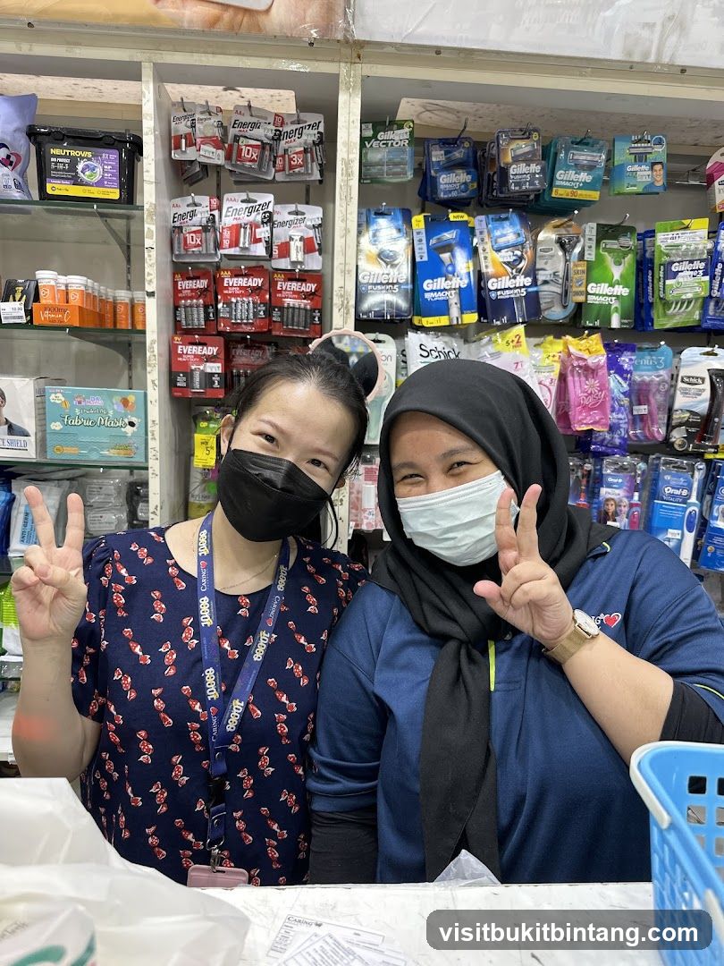 Two women posing in a store