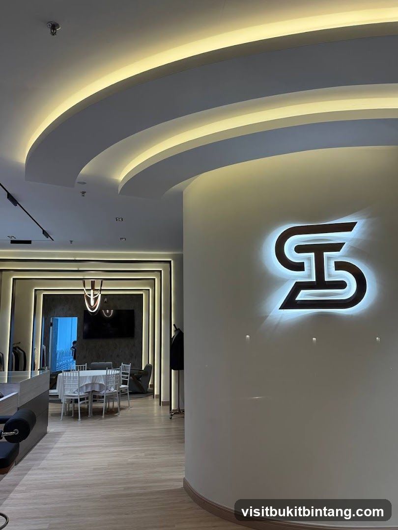 Interior of a modern establishment with a prominent logo