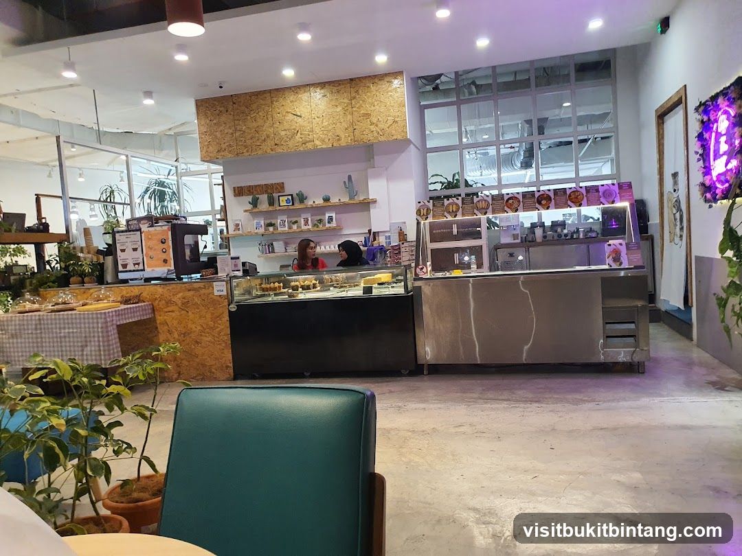 Cafe Interior with Display Cases and Seating