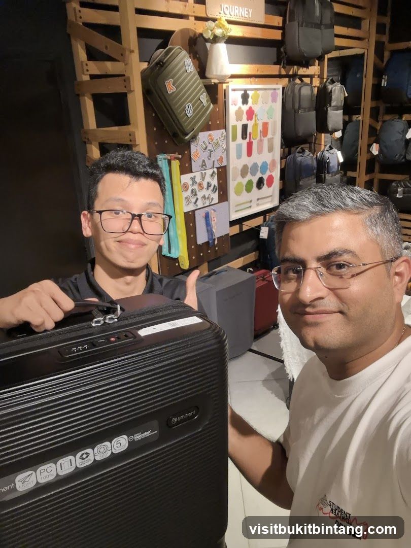 Two men with luggage in a store