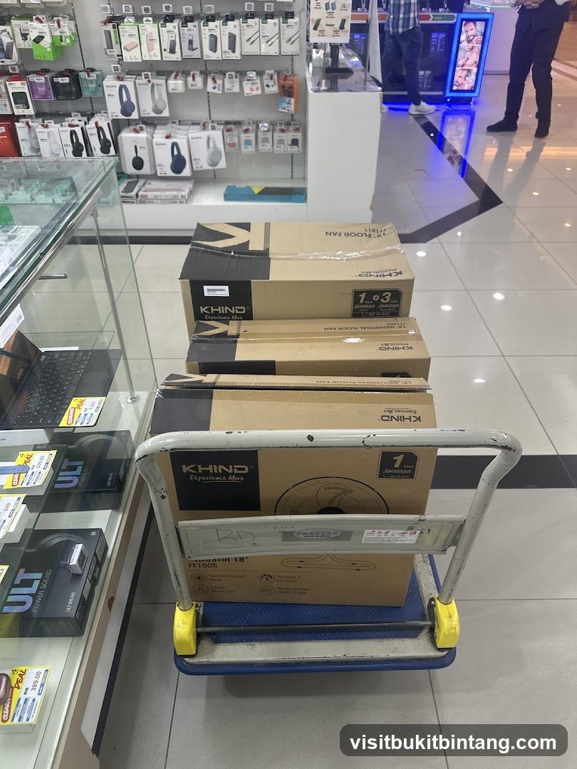 Boxes of fans on a trolley