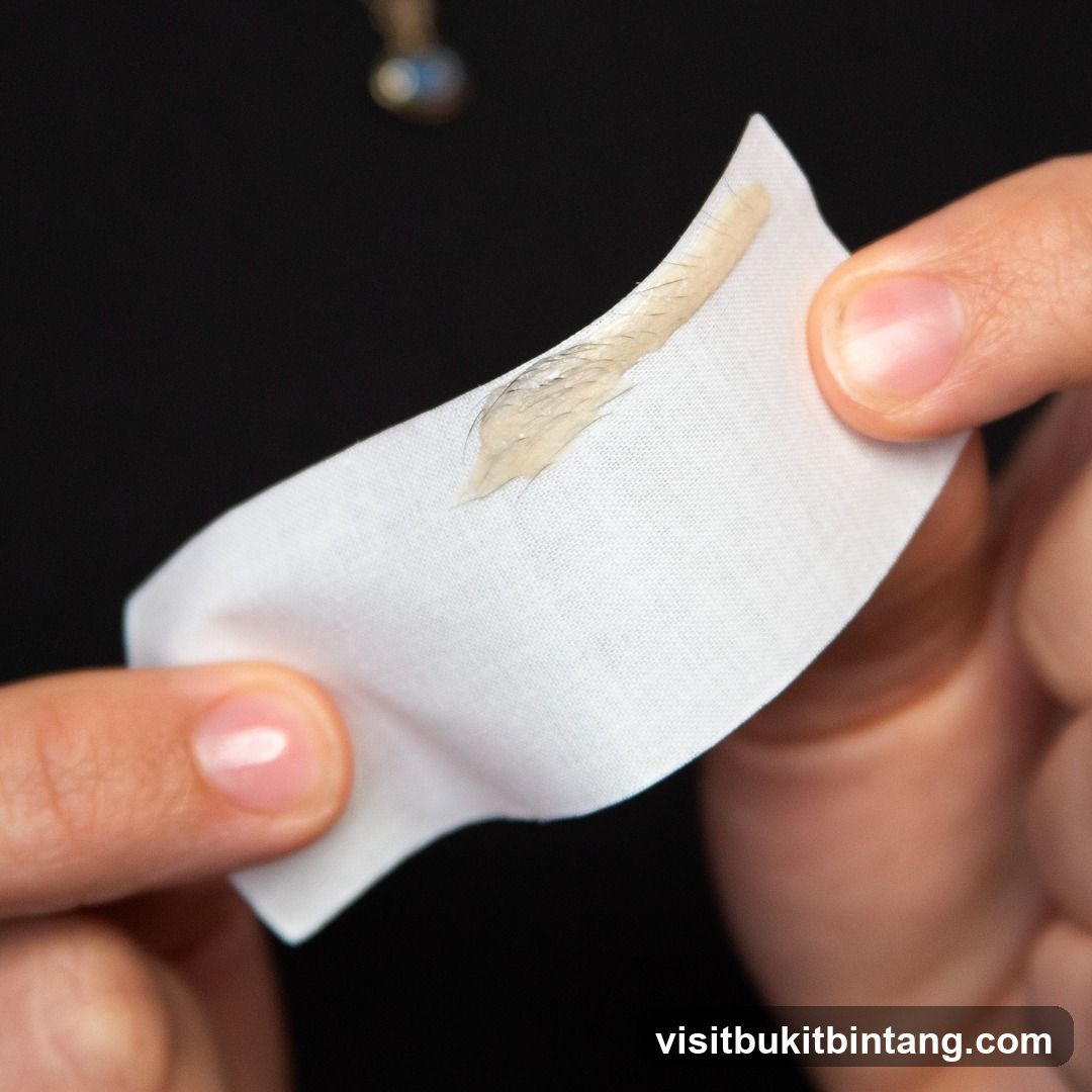 Close-up of a person holding a waxing strip with removed hair