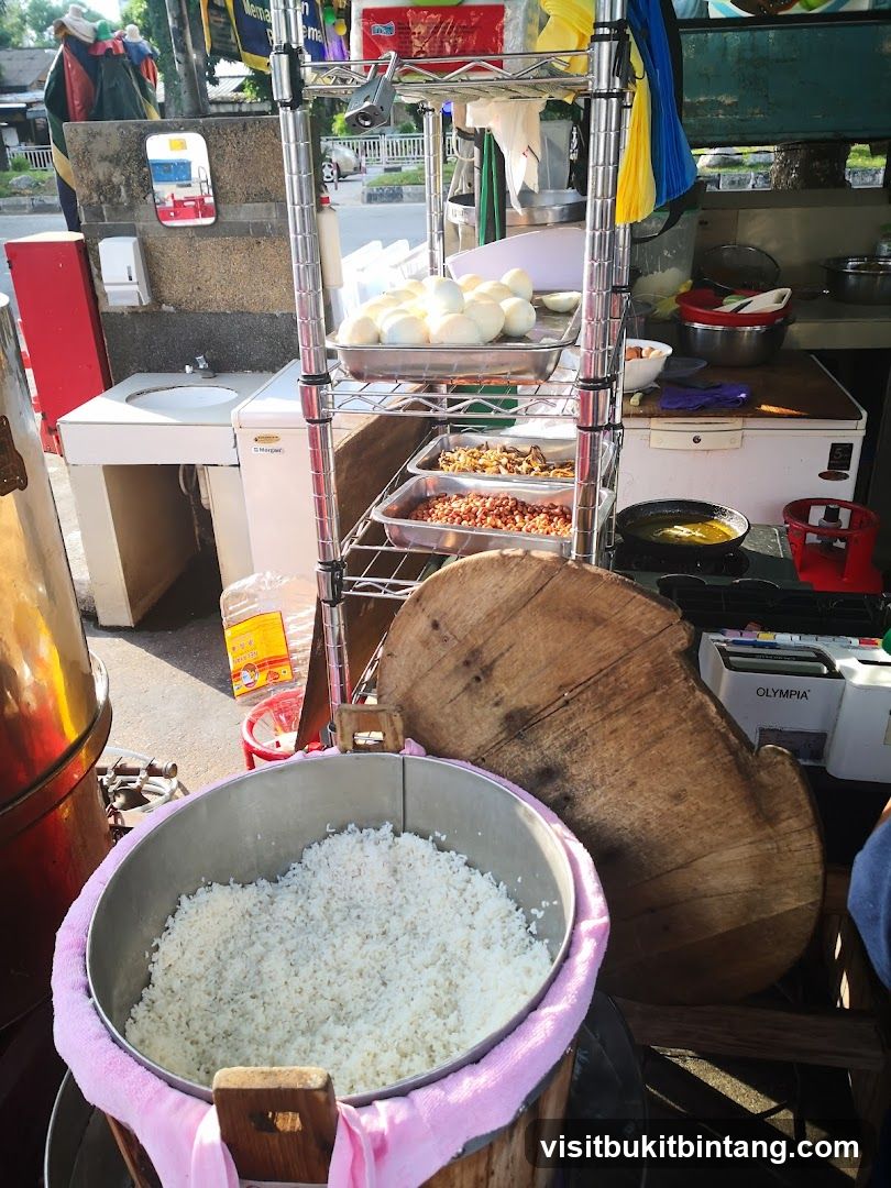 Street food stall with rice and boiled eggs