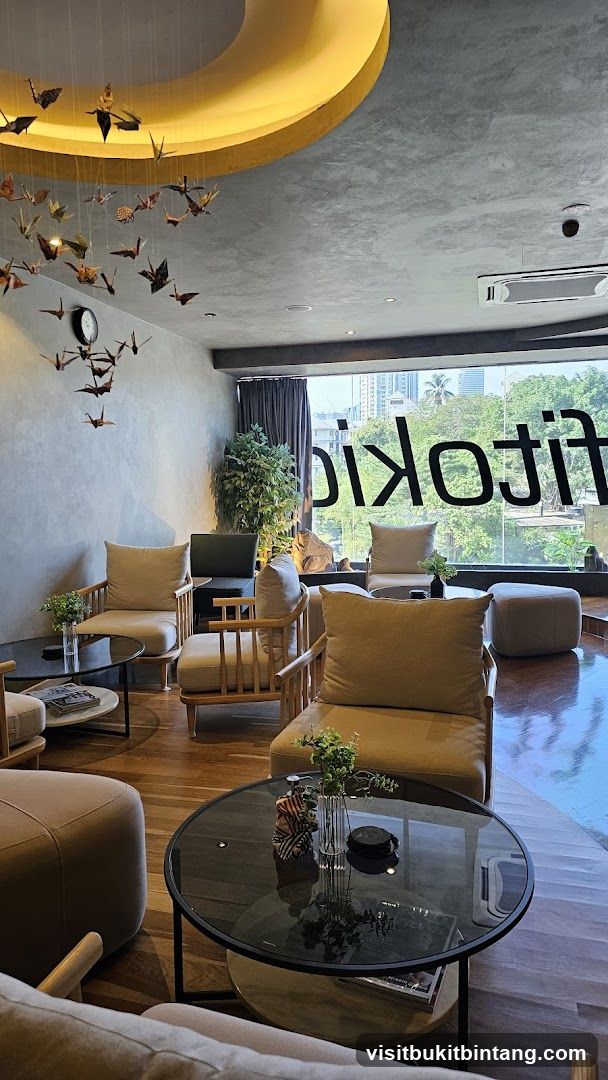 Modern cafe interior with origami cranes