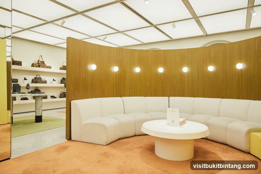 Store Interior with Seating Area and Display Shelves