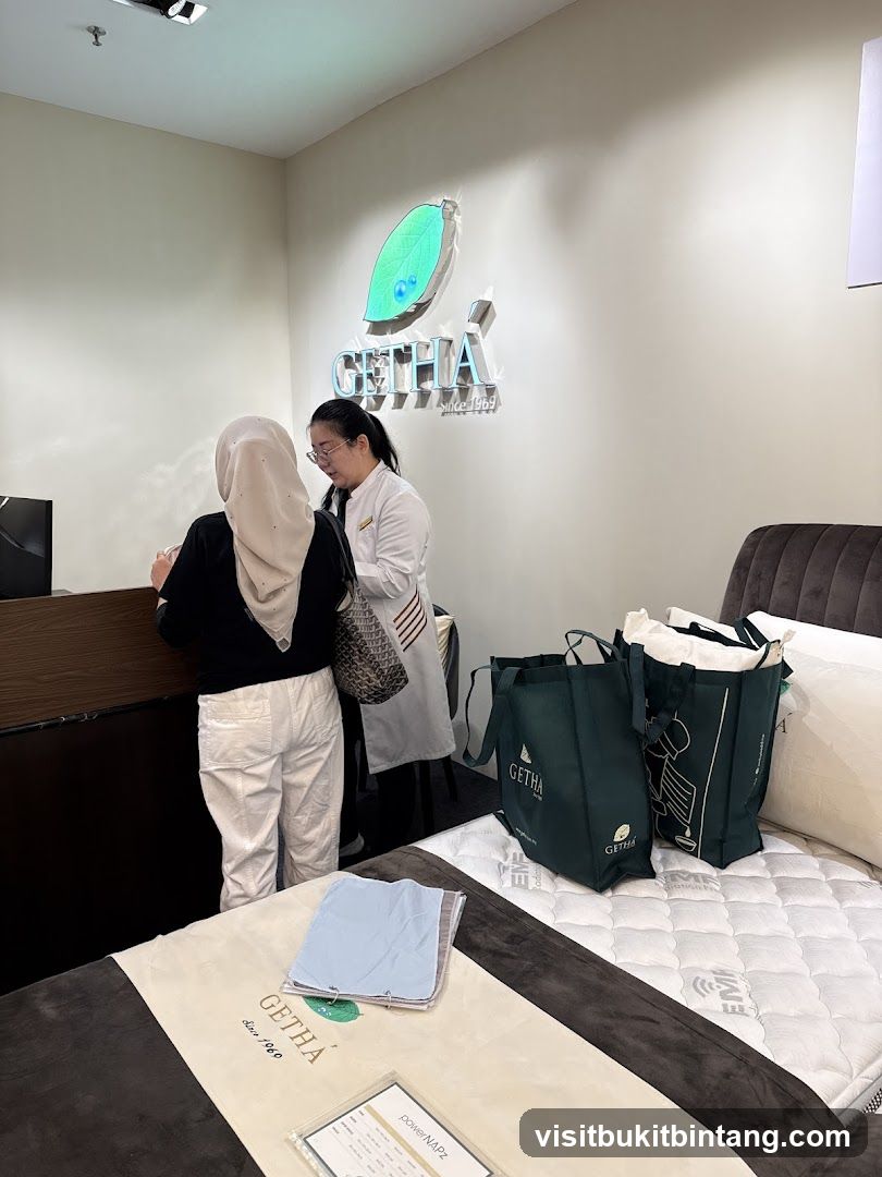 Salesperson assisting customer in a mattress store