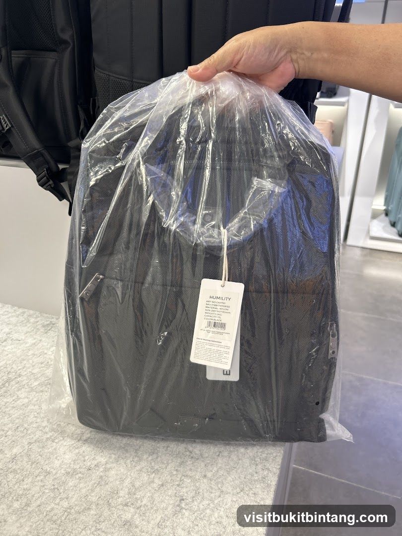 Black Backpack in Plastic Packaging